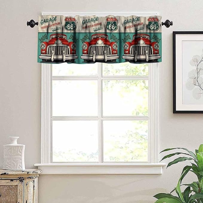 Retro Valance Curtain Vintage Car Route 66 Garage Rod Pocket Valance Window Treatments Short Curtains for Kitchen Bathroom Farmhouse Living Room Decor 54x18inch
