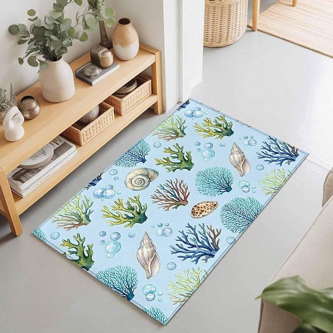Area Rug 2x3ft, Coastal Shell Coral Bubble Washable Rugs for Living Room Bedroom, Nautical Ocean Blue Underwater Scene Soft Non-Slip Area Rugs Rectangle Floor Carpet for Dining Room