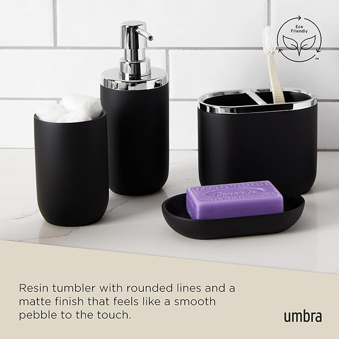 Umbra Junip Bath Accessories Tumbler - Modern White Resin Holder and Organizer, Perfect for Holding Toothbrushes, Make-up Brushes and Various Bath Items, Black