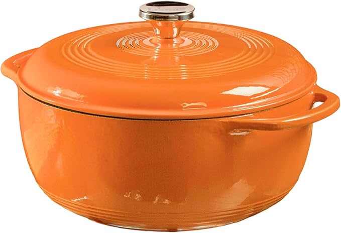 Lodge Essential Enamel Cast Iron Dutch Oven - Perfect for Bread Baking, Braising, Marinating & Slow Cooking - Features Moisture-Sealing Lid & Dual Handles - Kitchen Essentials - 6 Quarts - Pumpkin