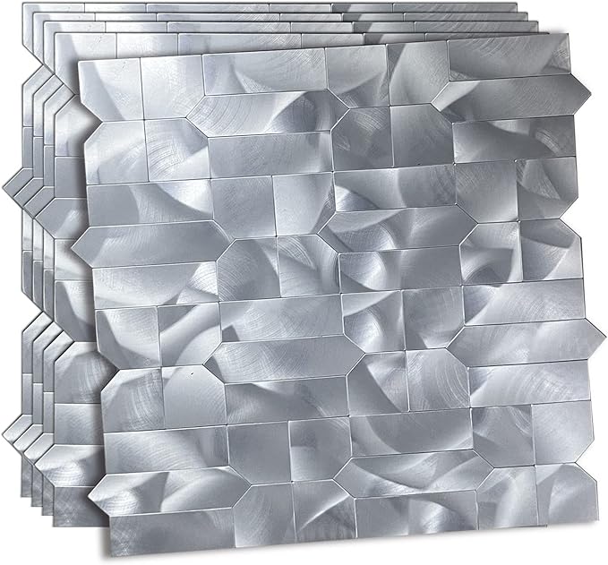 XUANINY 5-Sheet Peel and Stick Metal Backsplash Tiles, Self Adhesive Multiple-Shapes Aluminum Mosaic 3D Wall Sticker for Kitchen Bathroom Decor (5, Silver)