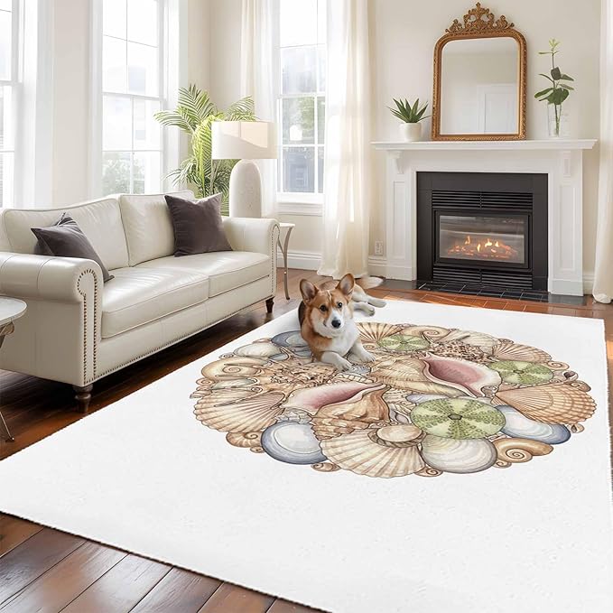 Area Rug 6x9ft, Coastal Colorful Shell Conch Washable Rugs for Living Room Bedroom, Modern Abstract Art Soft Non-Slip Area Rugs Rectangle Floor Carpet for Dining Room