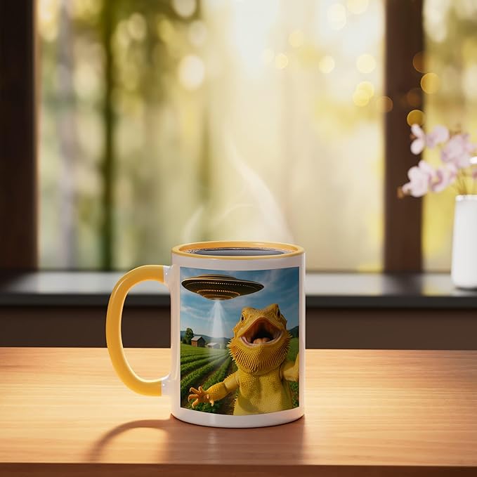 Funny Bearded Dragon Selfie with Alien UFO Ceramic Mug, Yellow/White