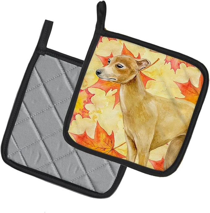 Caroline's Treasures BB9959PTHD Italian Greyhound Fall Pair of Pot Holders, Yellow Kitchen Heat Resistant Pot Holders Sets Oven Hot Pads for Cooking Baking BBQ, 7 1/2 x 7 1/2