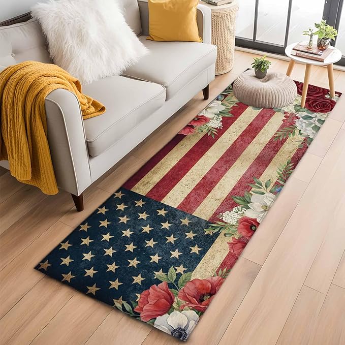 Runner Rug for Bedroom Hallway, Independence Day 250th Anniversary Kitchen Runner Rugs Area Rug 2x6ft, Vintage USA Flag Floral Washable Soft Floor Carpet for Entryway Stair