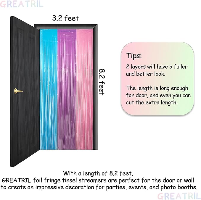 Blue Purple Pink Tinsel Backdrop - GREATRIL Pastel Foil Fringe Curtain Streamers for Pony Theme Birthday Mermaid Shower Unicorn Girls Party Decorations 2 Packs