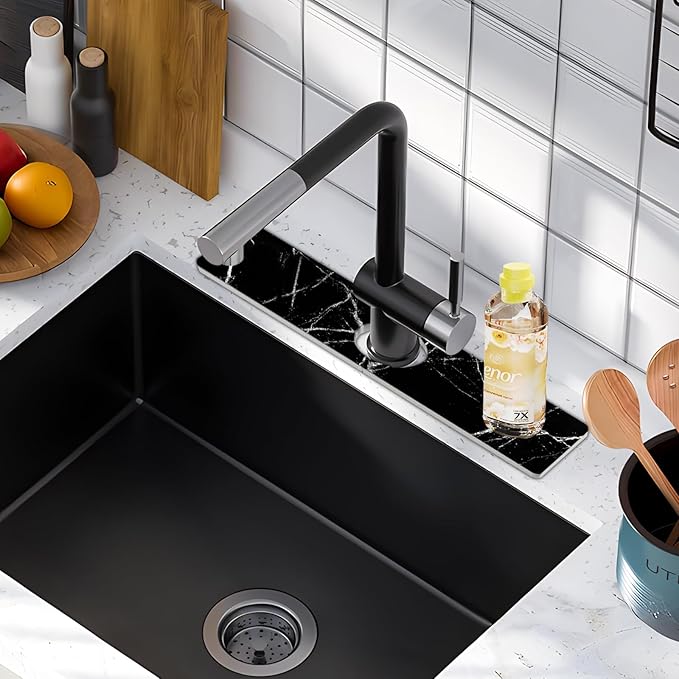 Kitchen Sink Splash Guard - Kitchen Faucet Mat, Diatomaceous Earth Kitchen Sink, Faucet Handle Drip Catcher, Bathroom Sink Faucet Mat for Countertop (15.75 * 3.93 in, Black)
