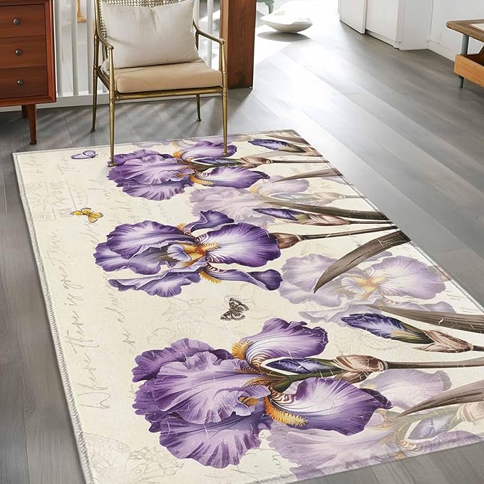 Area Rug 4x6ft, Pastoral Purple Flower Watercolor Washable Rugs for Living Room Bedroom, Country Botanical Butterflies Soft Non-Slip Area Rugs Rectangle Floor Carpet for Dining Room