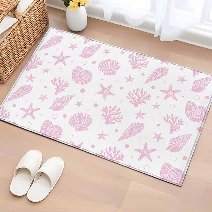 Area Rug 2x3ft, Pink Ocean Shell Conch Coral Starfish Washable Rugs for Living Room Bedroom, Summer Marine Theme Soft Non-Slip Area Rugs Rectangle Floor Carpet for Dining Room