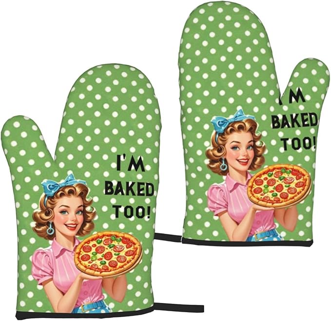 2 Pcs Funny Oven Mitts I'm Baked Too Heat Resistant Non-Slip Kitchen Gloves with Hanging Loop Housewarming Gifts for Baking Lover Family Friend