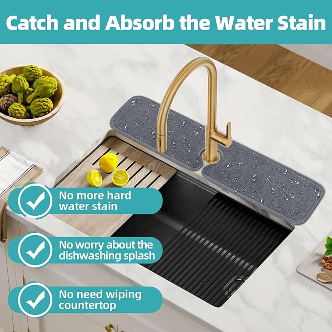 PoYang 4 Pack Faucet Mat for Kitchen Sink Splash Guard Long: Super Absorbent Microfiber Sink Water Splash Guard Behind Kitchen Faucet Mat for Bathroom, RV Protector, Machine Washable 24'' x 5.1''