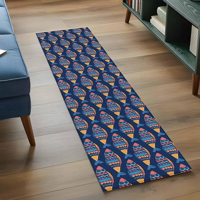 Runner Rug for Bedroom Hallway, Ethnic Style Ocean Fish Kitchen Runner Rugs Area Rug 2x6ft, Watercolor Marine Life on Navy Blue Washable Soft Floor Carpet for Entryway Stair