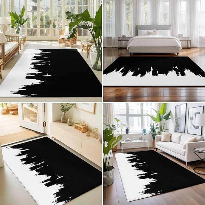 Area Rug 8x10ft, Abstract Black Graffiti Texture Washable Rugs for Living Room Bedroom, Modern Minimalist Art Soft Non-Slip Area Rugs Rectangle Floor Carpet for Dining Room