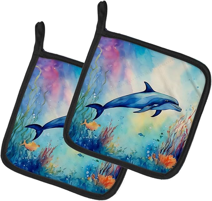 Caroline's Treasures Dolphin Pair of Pot Holders Kitchen Heat Resistant Pot Holders Sets Oven Hot Pads for Cooking Baking BBQ, 7 1/2 x 7 1/2