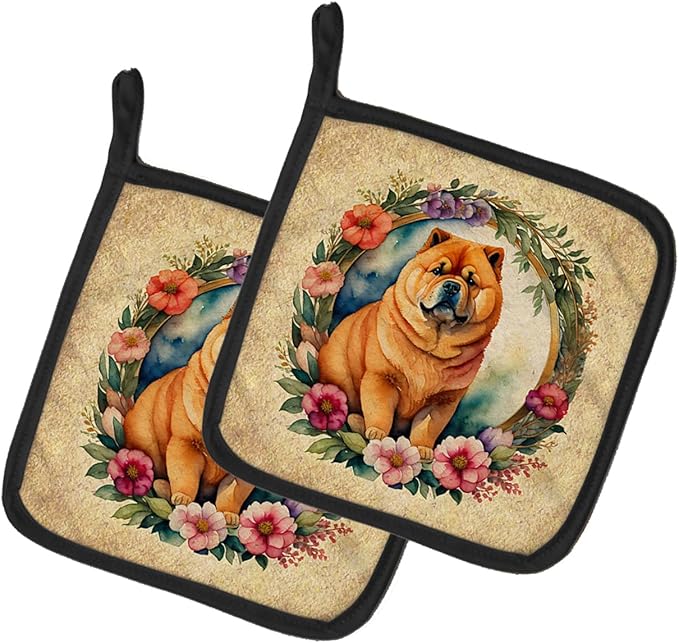 Caroline's Treasures Chow Chow and Flowers Pair of Pot Holders Kitchen Heat Resistant Pot Holders Sets Oven Hot Pads for Cooking Baking BBQ, 7 1/2 x 7 1/2