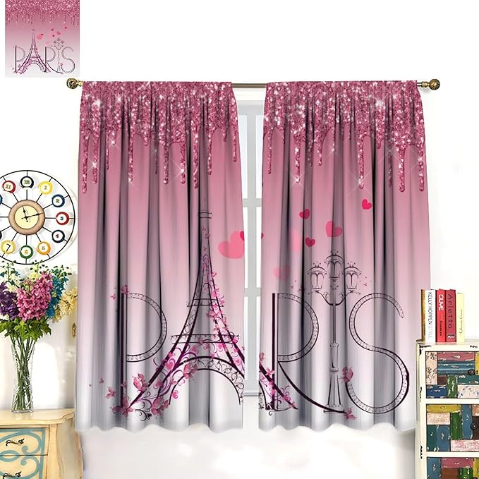 Eiffel Tower Blackout Curtain,Pink Glitter Romantic Paris Floral Abstract Window Treatment Curtains Dining Room Living Room Kitchen Cafe Bedroom Office Drapes Decor,42x45 in