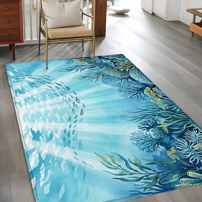 Area Rug 4x6ft, Underwater World Coral Seaweed Washable Rugs for Living Room Bedroom, Seafloor Ocean Life Fish Soft Non-Slip Area Rugs Rectangle Floor Carpet for Dining Room