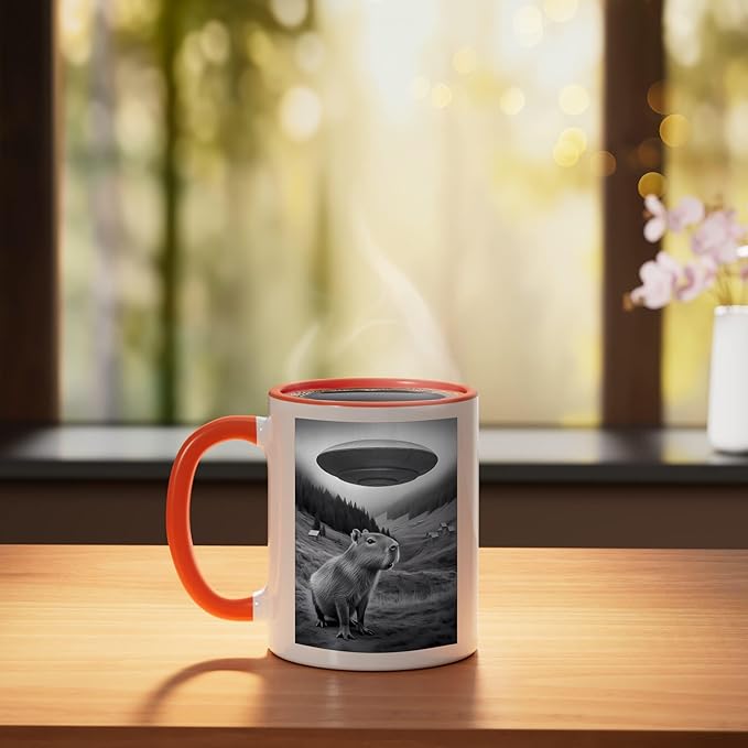 Vintage Capybara UFO Abduction Surreal Ironic Meme Ceramic Mug, Orange/White