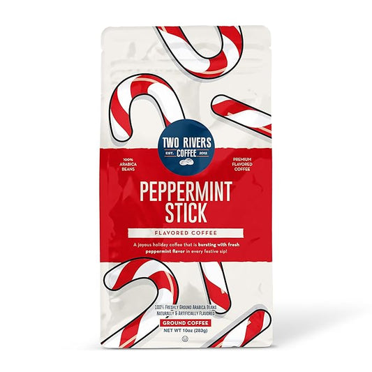 Two Rivers Coffee Peppermint Stick Flavored Ground Coffee, Perfectly Balanced, Always Smooth, Made with 100% Arabica Beans - Flavor Enhanced, 10 Ounce Bag