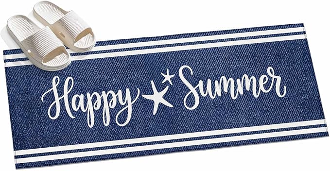 Runner Rug for Bedroom Hallway, Happy Summer Quote Ocean Starfish Kitchen Runner Rugs Area Rug 2x6ft, Navy Blue Stripe Denim Texture Washable Soft Floor Carpet for Entryway Stair