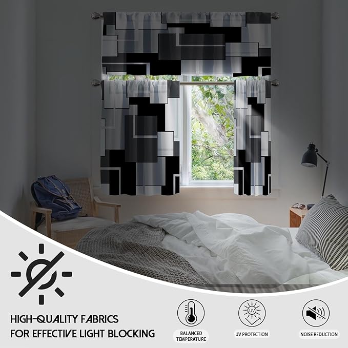 MCALK Dark Grey Blackout Kitchen Curtains Tiers and Valances for Windows, Geometric Modern Art Kitchen Window Curtains, Grey and Black Valances for Living Room (36" Tiers Set)