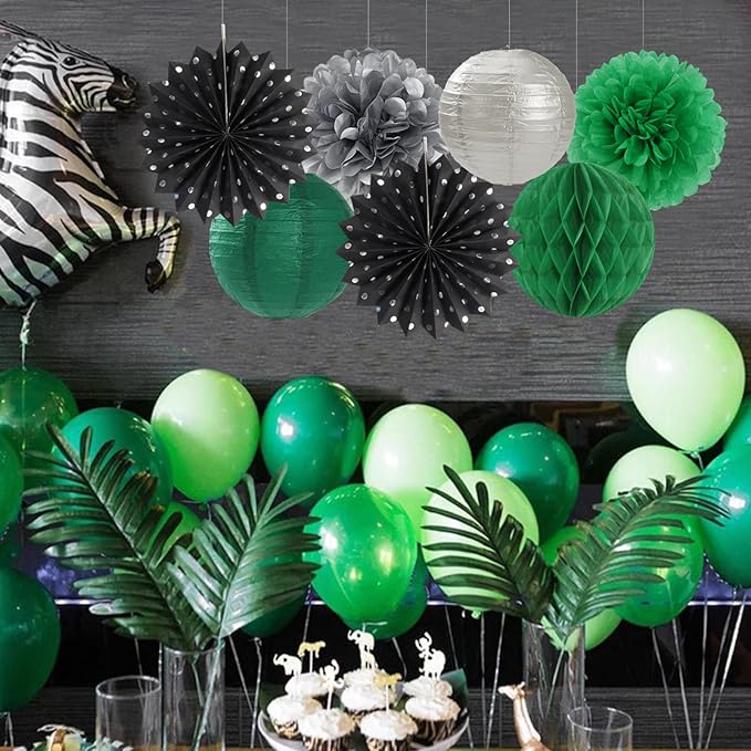 Black-Green Silver Party-Decorations Streamers Lanterns - 14pcs Graduation 2026 Paper Lanterns Fan,Tissue Pom Poms Streamer,Honeycomb Balls,Soccer Supplies Men Boys Birthday Baby Shower Decor Ouruola