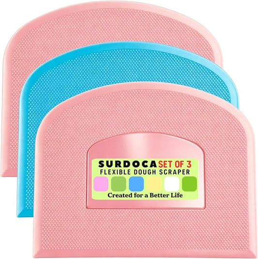 SURDOCA Dough Scraper Bench Scraper - 3P 14.2x8.5" Plastic Flexible Bowl Scraper, Sharp Edge & Angles Cake Scraper. Non-Slip Bakeware Decorating Tools Sculpting & Modeling Tools - Pink+Blue+Pink