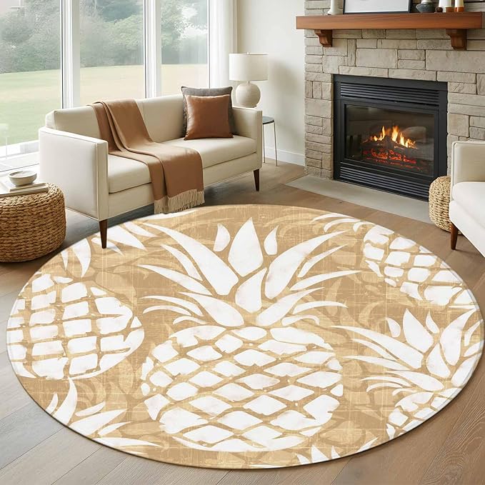 Washable Round Area Rug Summer Fruit Pineapple Circle Rugs Floor Carpet for Living Room Bedroom, Rustic Vintage Tropical Leaves Soft Non Slip Round Rug 5ft
