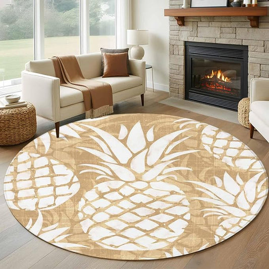 Washable Round Area Rug Summer Fruit Pineapple Circle Rugs Floor Carpet for Living Room Bedroom, Rustic Vintage Tropical Leaves Soft Non Slip Round Rug 5ft