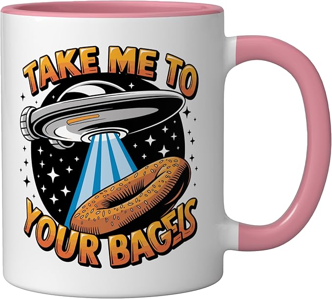 Take Me to Your Bagels UFO Abduction Jewish Funny Bagel Ceramic Mug, Pink/White