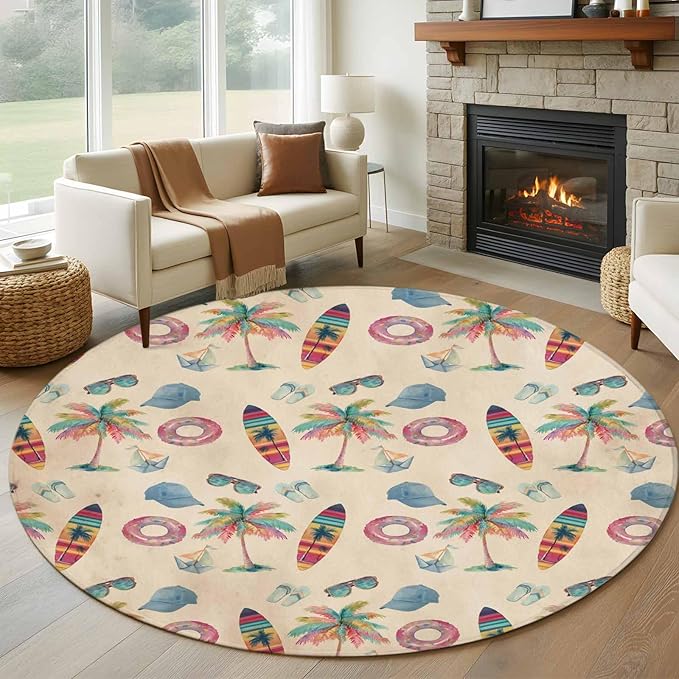 Washable Round Area Rug Summer Surfboard Coconut Tree Circle Rugs Floor Carpet for Living Room Bedroom, Coastal Vintage Plants Soft Non Slip Round Rug 5ft