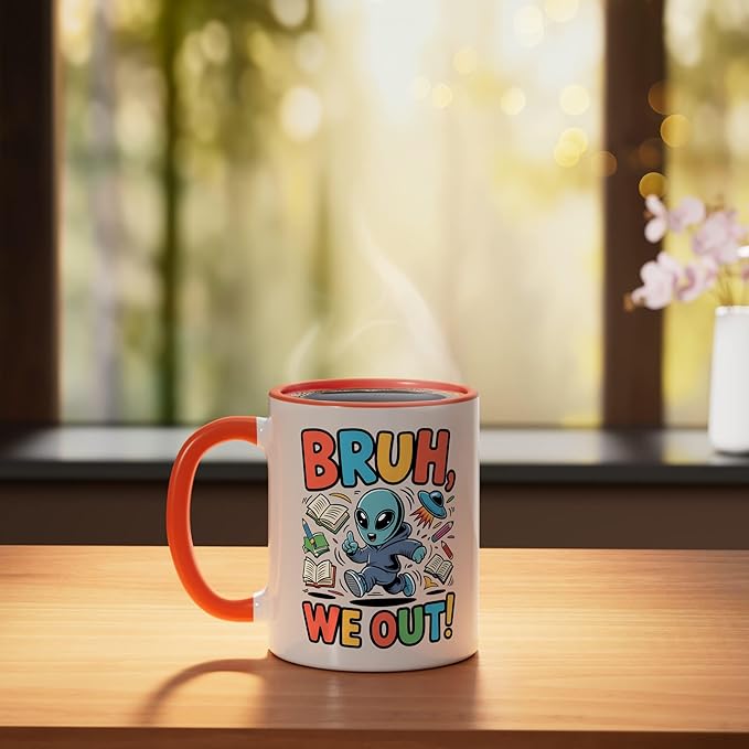 Bruh We Out Alien - Funny Last Day of School UFO Ceramic Mug, Orange/White