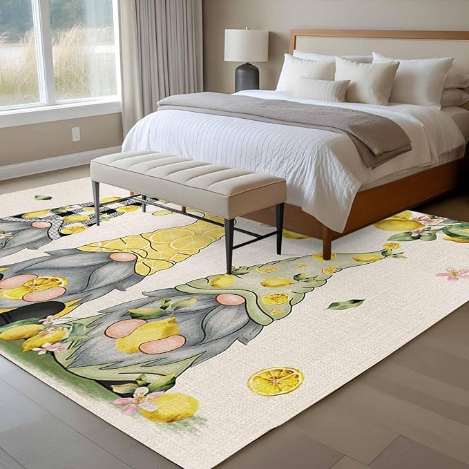 Area Rug 6x9ft, Summer Gnome with Lemon Washable Rugs for Living Room Bedroom, Farmhouse Dwarf Fruit on Linen Soft Non-Slip Area Rugs Rectangle Floor Carpet for Dining Room