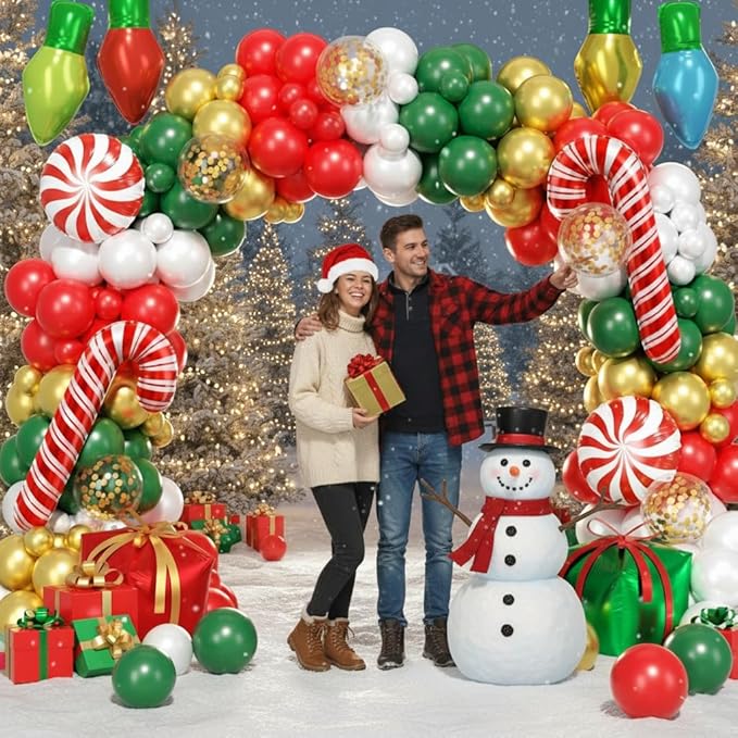 164Pcs Christmas Balloon Arch Garland Kit Xmas Red White Green Gold Latex Balloons Light Bulb Candy Cane Gift Box Foil Balloons Arch Kit for Christmas New Year Party Birthday Party Decorations