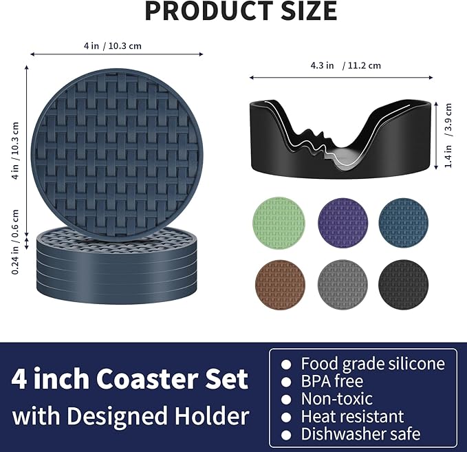 4 Inch Blue Silicone Coasters for Drink Set of 6, Heat-Resistant Waterproof Non-Slip Cup Mats, Round Table Protectors for Coffee Mugs & Beverage Cups, Ideal for Home Kitchen Office Use