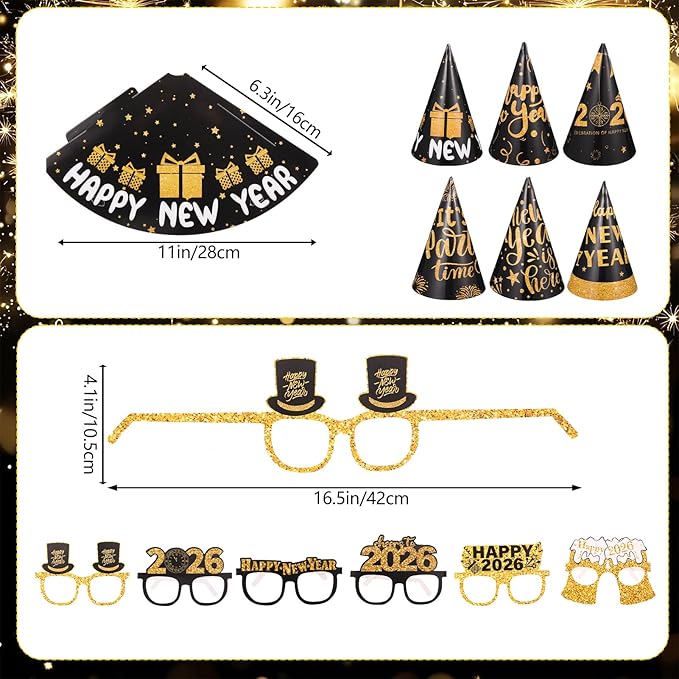 New Years Eve Party Supplies 2026, Black Gold Happy New Years Decorations Set Happy New Year Banner Hats Glasses Blowouts Curtains Latex Balloons 2026 Numbers Balloons for NYE Celebration