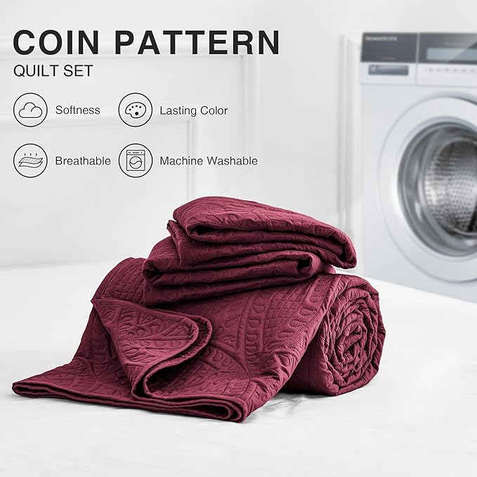 Love's cabin Quilts for Queen Bed Burgundy Bedspreads Bedding Set - Lightweight Bedspread Comforter - Coin Pattern Bedding Coverlet for All Season - 3 Pieces (1 Quilt, 2 Pillow Shams)