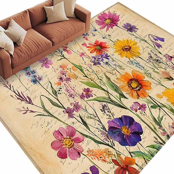 Area Rug 6x9ft, Farmhouse Colorful Small Flower Washable Rugs for Living Room Bedroom, Retro Backdrop Seamless Soft Non-Slip Area Rugs Rectangle Floor Carpet for Dining Room