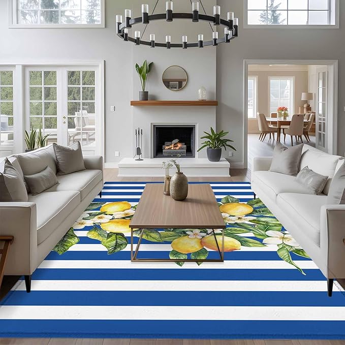 Area Rug 6x9ft, Summer Lemon Green Leaves Watercolor Washable Rugs for Living Room Bedroom, Blue Stripe Soft Non-Slip Area Rugs Rectangle Floor Carpet for Dining Room