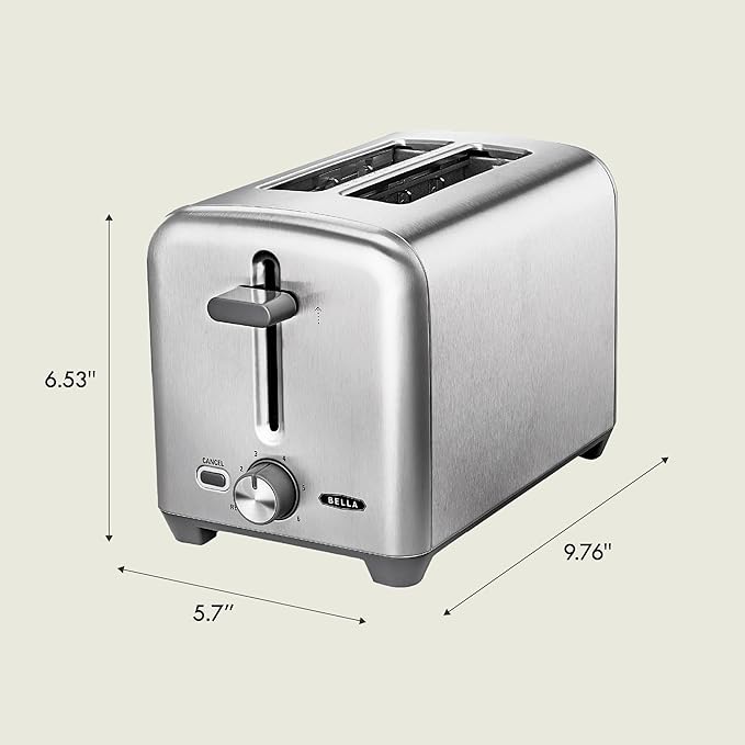 bella Stainless Steel 2 Slice Toaster with Extra Wide Slots & Removable Crumb Tray - 6 Browning Options, Auto Shut Off & Reheat Function - Toast Bread, Bagel & Waffle