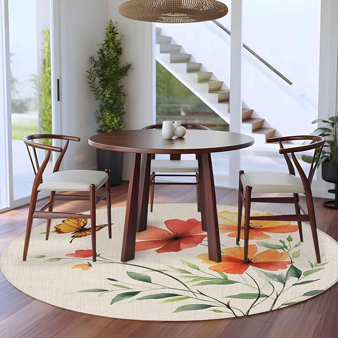 Washable Round Area Rug Summer Watercolor Flower Butterfly Circle Rugs Floor Carpet for Living Room Bedroom, Green Leaves Retro Linen Soft Non Slip Round Rug 5ft