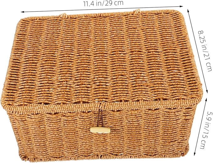 ABOOFAN Lidded Woven Storage Basket Handcrafted Imitation Rattan Box for Organizing Clothes Books and Miscellaneous Items Rustic Decor Light
