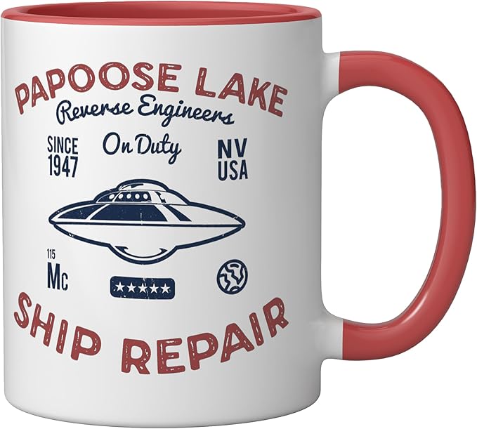 Flying Saucer Papoose Lake Ship Repair Funny UFO Ceramic Mug, Red/White