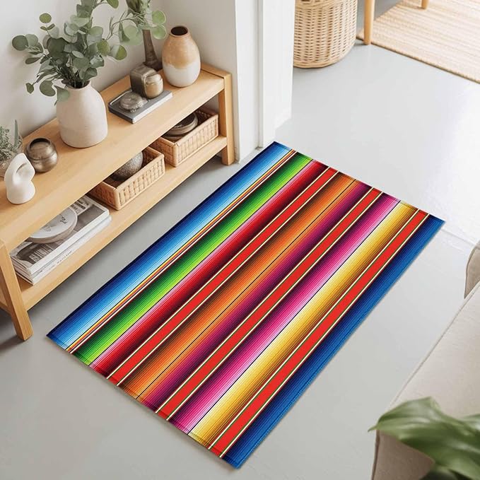 Area Rug 2x3ft, Mexican Stripes Vintage Ethnic Washable Rugs for Living Room Bedroom, Native American Stripe Soft Non-Slip Area Rugs Rectangle Floor Carpet for Dining Room