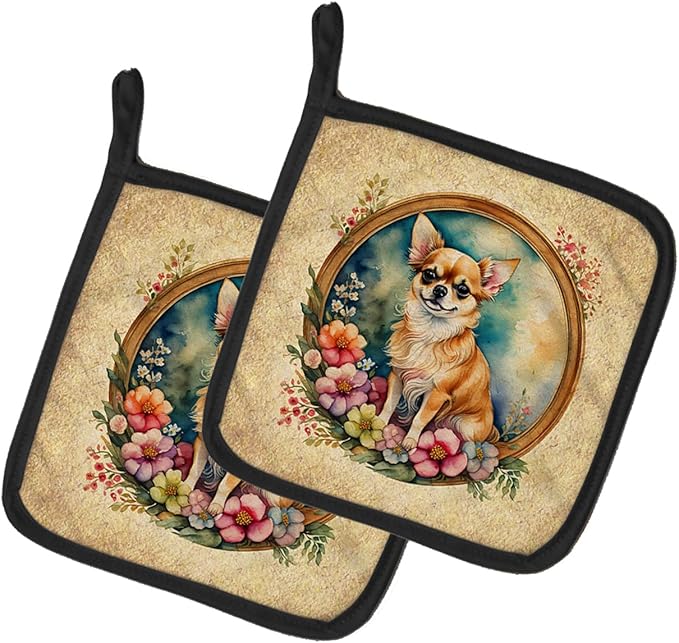 Caroline's Treasures Chihuahua and Flowers Pair of Pot Holders Kitchen Heat Resistant Pot Holders Sets Oven Hot Pads for Cooking Baking BBQ, 7 1/2 x 7 1/2