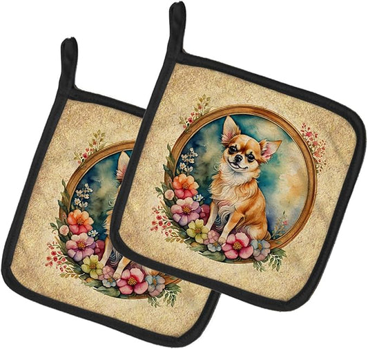 Caroline's Treasures Chihuahua and Flowers Pair of Pot Holders Kitchen Heat Resistant Pot Holders Sets Oven Hot Pads for Cooking Baking BBQ, 7 1/2 x 7 1/2