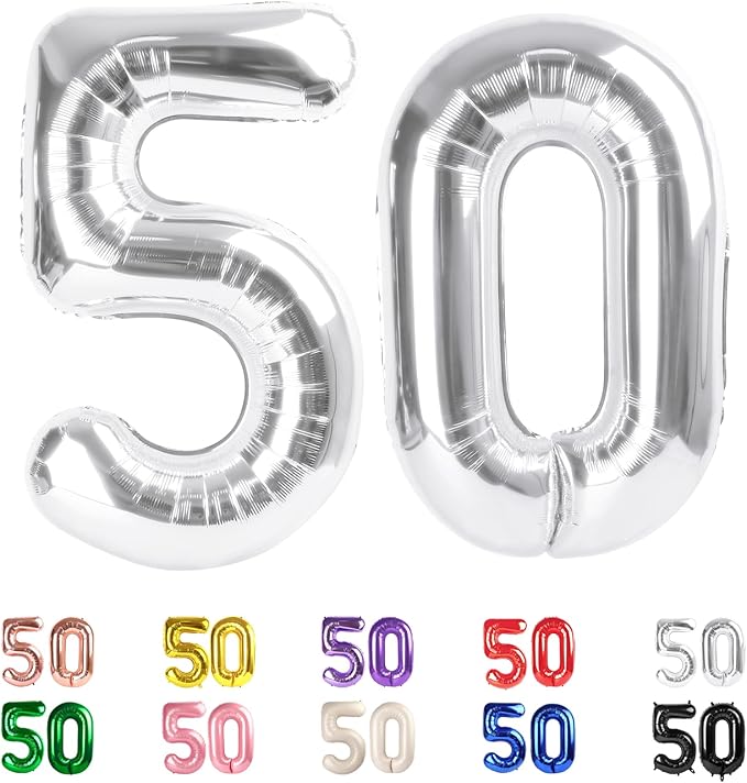 Number Balloons 40 In 50 Number, 50th Birthday Decorations for Women Men, Silver Birthday Party Decorations Big Balloons for Wedding, Celebration Party, Graduations