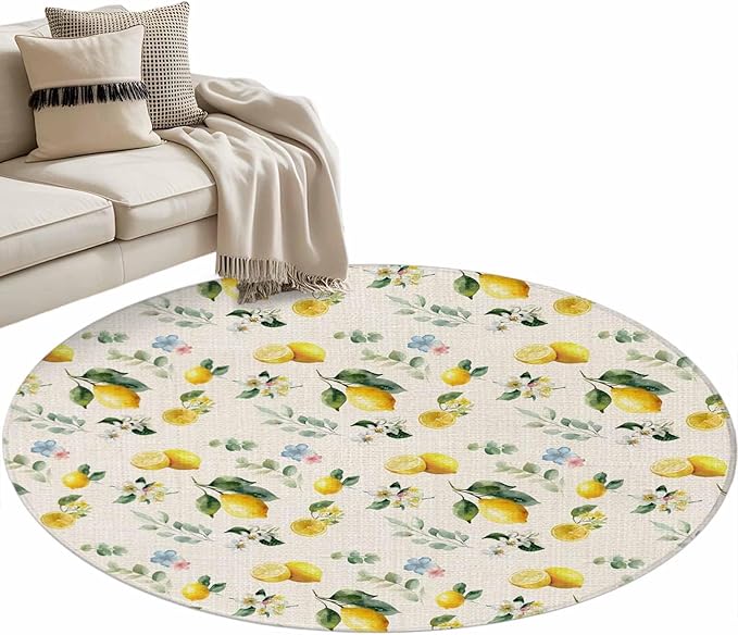 Washable Round Area Rug Country Lemon Flower Leaf Circle Rugs Floor Carpet for Living Room Bedroom, Pastoral Fruit Plant Vintage Linen Soft Non Slip Round Rug 3ft