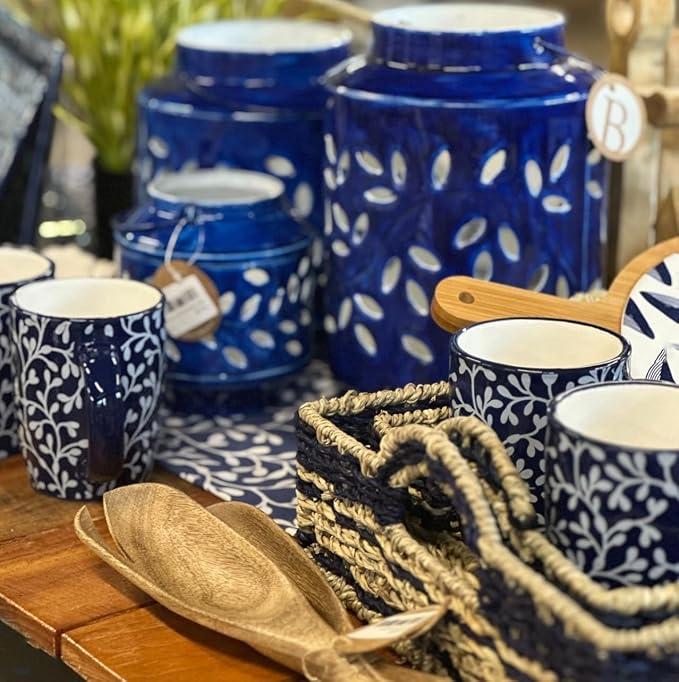 Boston International Ceramic Mug for Coffee Tea & Hot Drinks, 12 oz, Navy Seaweed Garland