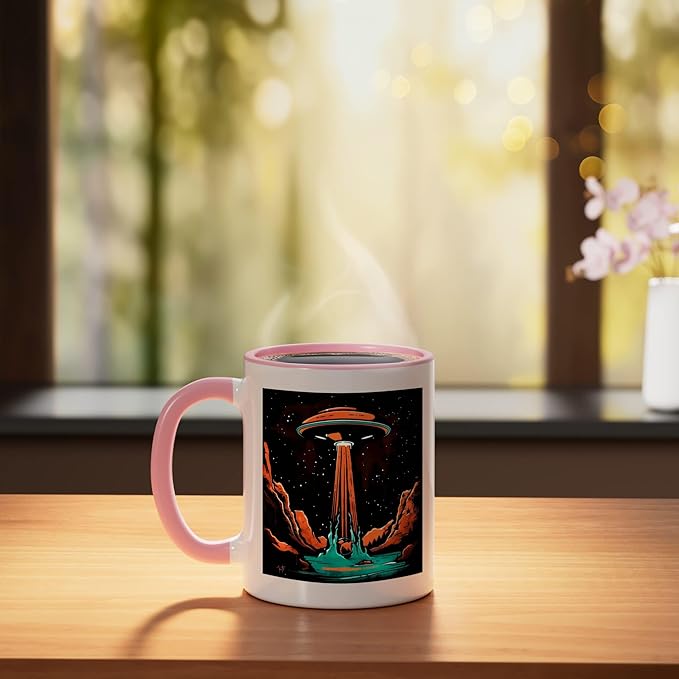 Aliens Abducting people into Flying UFO Saucer Abduction Ceramic Mug, Pink/White